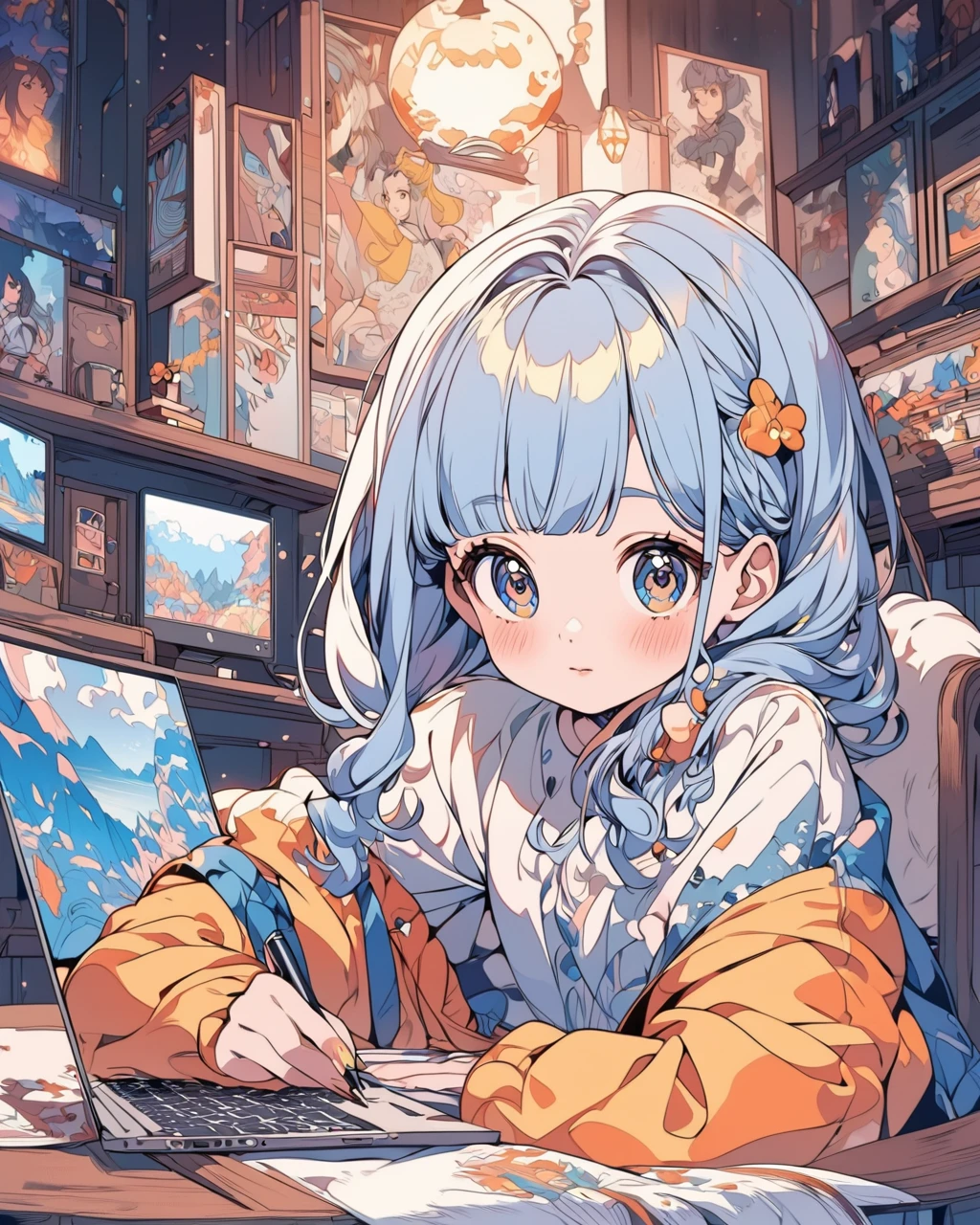 Anime style illustration young girl sitting at a desk with a laptop computer, cartoon style illustration, digital anime illustration, in the art style of bowater, in style of digital illustration, illustration style, beautiful illustration, cute detailed digital art, beautiful digital illustration, stunning art style, trending on artstration, proffesional illustration, cute digital art, procreate illustration, beautiful drawing style