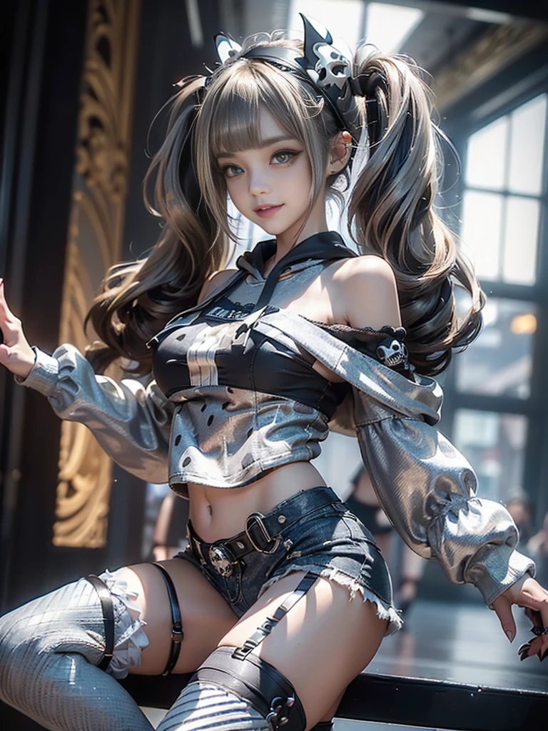 (Full Body View:1.2)、(Beautiful lips and nose:1.4)、(Side view:1.1)、(Smiling with teeth showing:1.3),(Fashion Model:1.5)、(Gothic ta battle uniform with delicate decoration:1.5)、(White off-shoulder hoodie:1.5)、(black, Silver and white shorts:1.4)、(denim garter belt:1.5)、(black and denim knee socks:1.3)、(Skull Silver Accessories:1.5)、(Lace Color:1.3)、(Brown Skin Belt:1.4)、(Brown boots:1.2)、(Polka dots on underwear:1.4)、23 years old、((Highest quality、In 8K、masterpiece:1.3))、Sharp focus:1.2、(Layered Cut、Huge boobs:1.1),Beautiful woman with perfect figure:1.4、(Dance vigorously:1.3)、Slim Abs:1.2、Highly detailed face and skin texture、Detailed eyes、double eyelid,(Twin tails:1.3)、(Brownish golden hair:1.3)、Idol Sculpture、(The background is a gorgeous dance hall.:1.3)、(The body is slim:1.2),(Slimming your legs:1.4),(clavicle:1.1)