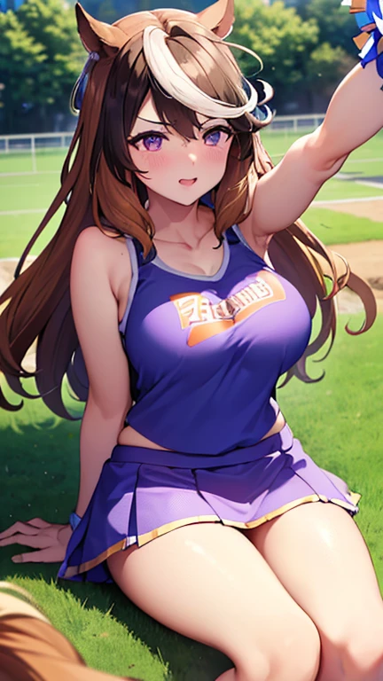 masterpiece, super fine illustration, best quality, light particles, ultra-detailed, 8K wallpaper, (bright colors:1.2), (mature woman), (big breasts), (blonde long hair), twintail, two side up hair, scrunchie, disheveled hair, shiny hair, shiny skin, (beautiful green eyes, shiny eyes), happy smile, blush cheeks, (under boob:1.3), crop top, nipple, (micro skirt, vagina), (cheerleader:1.4), (girl wave 2 cheer pompons:1.2), blush cheeks, arched back, nsfw, outdoor, Athletics grounds, Sunlight, (heart), (vaginal penis:1.2), (a man), (sit astride on man), (lady on top), (cowgirl position:1.4), (rodeo:1.4), hetero, man in below, (intense Sex:1.4), (cum out:1.2), pov,
