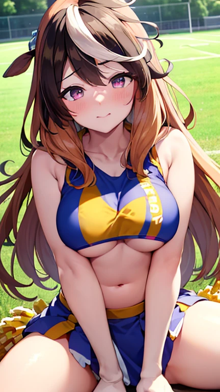 masterpiece, super fine illustration, best quality, light particles, ultra-detailed, 8K wallpaper, (bright colors:1.2), (mature woman), (big breasts), (blonde long hair), twintail, two side up hair, scrunchie, disheveled hair, shiny hair, shiny skin, (beautiful green eyes, shiny eyes), happy smile, blush cheeks, (under boob:1.3), crop top, nipple, (micro skirt, vagina), (cheerleader:1.4), (girl wave 2 cheer pompons:1.2), blush cheeks, arched back, nsfw, outdoor, Athletics grounds, Sunlight, (heart), (vaginal penis:1.2), (a man), (sit astride on man), (lady on top), (cowgirl position:1.4), (rodeo:1.4), hetero, man in below, (intense Sex:1.4), (cum out:1.2), pov,