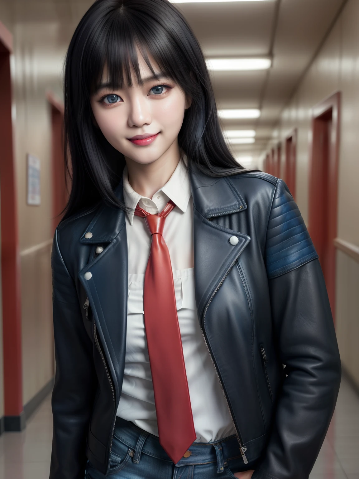 (SFW), UHD, 8k, full color ultra detailed photorealistic digital lineart painting,
asian girl, black hair with bangs, madivy, leather jacket, jeans, white buttoned (shirt) with red necktie, blue eyes, heavy makeup,
school hallway, sexy mood, flirting, cheeky smile,
perfect composition, high detail, hyper realistic,dramatic lighting, epic