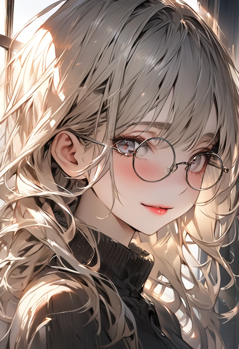 (Masterpiece, best quality, Sharp focus, depth of field, best shadow, perfect fire, HDR, Realistic skin texture, The background is too detailed.), 1 woman, big breasts, white hair, Silver Eyes,(put on makeup, Put on lipstick), Wear round glasses., in the classroom, Cold expression, smile a little, next to the window, The light from the evening sun shines on the window.