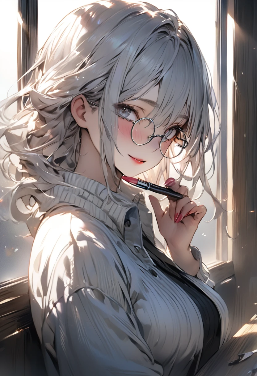 (Masterpiece, best quality, Sharp focus, depth of field, best shadow, perfect fire, HDR, Realistic skin texture, The background is too detailed.), 1 woman, big breasts, white hair, Silver Eyes,(put on makeup, Put on lipstick), Wear round glasses., in the classroom, Cold expression, smile a little, next to the window, The light from the evening sun shines on the window.