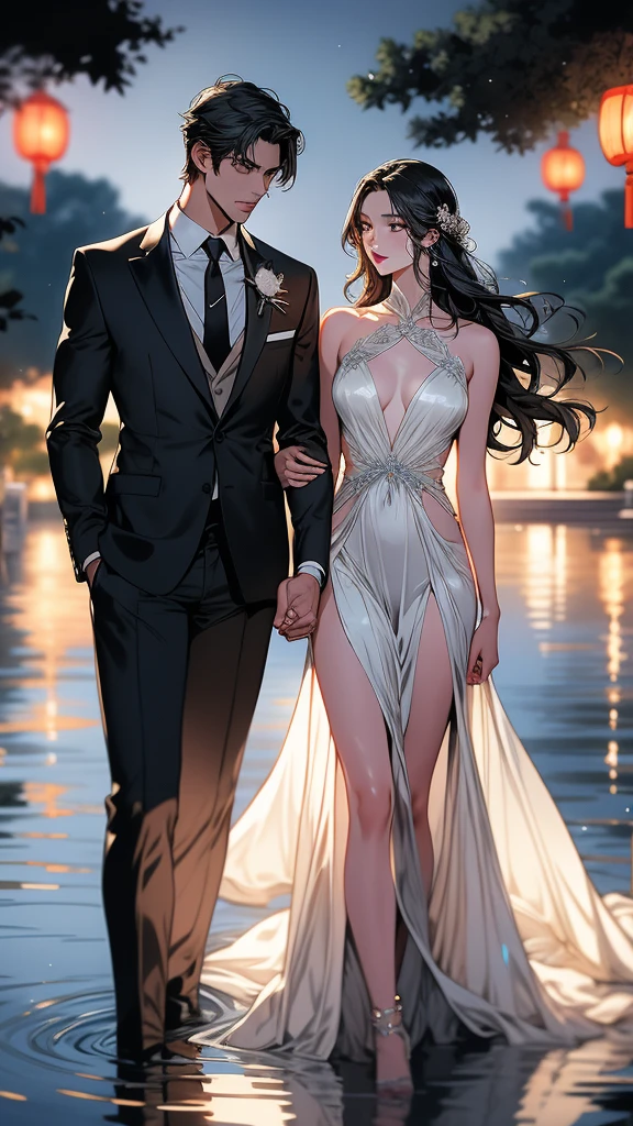 Capture the essence of a masterpiece: a stunning Chinese girl, radiant in a translucent long white dress, embodies elegance as she tangoes under the soft glow of the moonlit park lake. The gentle ripples on the water's surface mirror her fluid movements, while the man by her side, dressed in attire that complements the night, gazes adoringly at his partner.