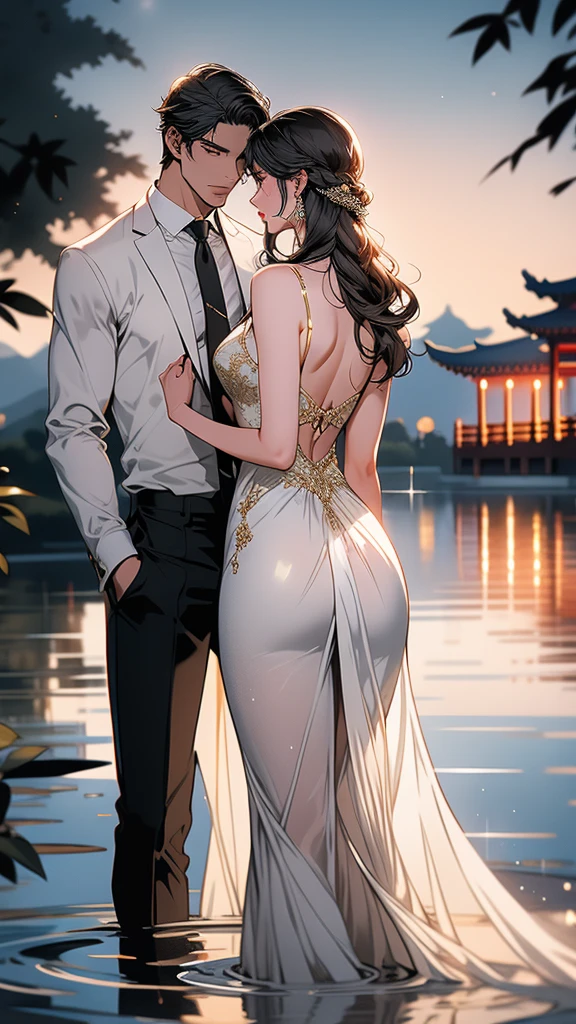 Capture the essence of a masterpiece: a stunning Chinese girl, radiant in a translucent long white dress, embodies elegance as she tangoes under the soft glow of the moonlit park lake. The gentle ripples on the water's surface mirror her fluid movements, while the man by her side, dressed in attire that complements the night, gazes adoringly at his partner.