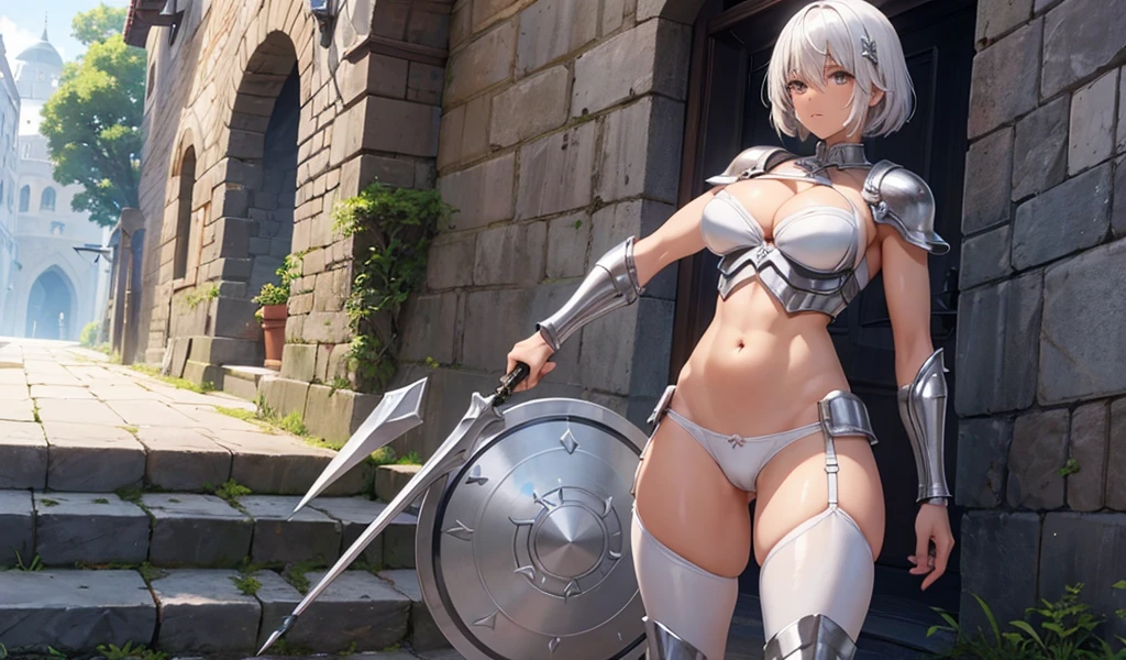 Adult woman with white short hair, gray eyes and dark skin,cleavage,muscle,Abdominal muscles,slim figure,Silver Iron Breastplate,helmet,Scapula,briefs,Iron skirt,thigh,spear,Shield,medieval city wall
