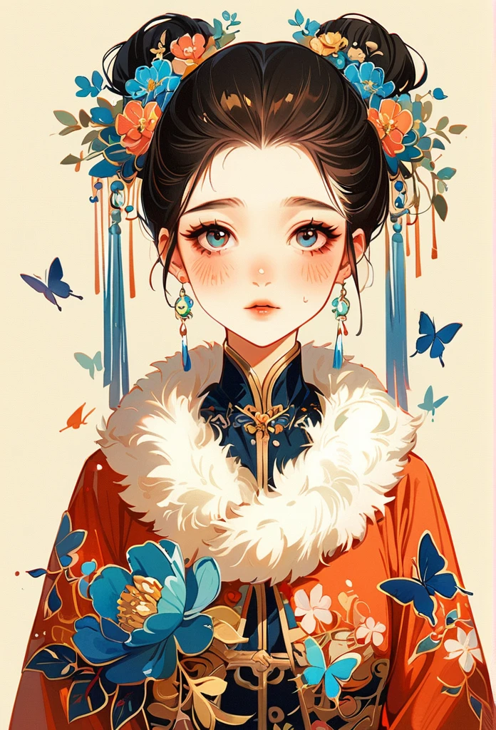 1 sister, alone, looking at the audience, Blushed, background with, black hair color hair, hair accessories, long sleeve, White background, Everlasting, Full body female love, flowers bloom, Purple, hair flower, bun, Butterfly, masterpiece, recent quality, best details, clear facial features, beautiful eyes