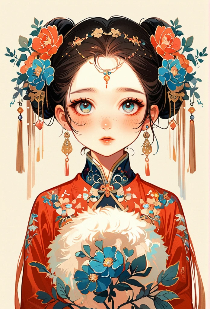 1 sister, alone, looking at the audience, Blushed, background with, black hair color hair, hair accessories, long sleeve, White background, Everlasting, Full body female love, flowers bloom, Purple, hair flower, bun, Butterfly, masterpiece, recent quality, best details, clear facial features, beautiful eyes