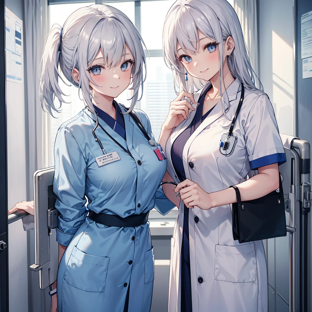 nursing aide,one girl,blue or white scrubs,not wearing a hat or cap,Facing forward,smile,silver hair, A nurse aide without a nurse cap, nothing on her head ,standing in a hospital setting, smiling, and attending to a patient.
