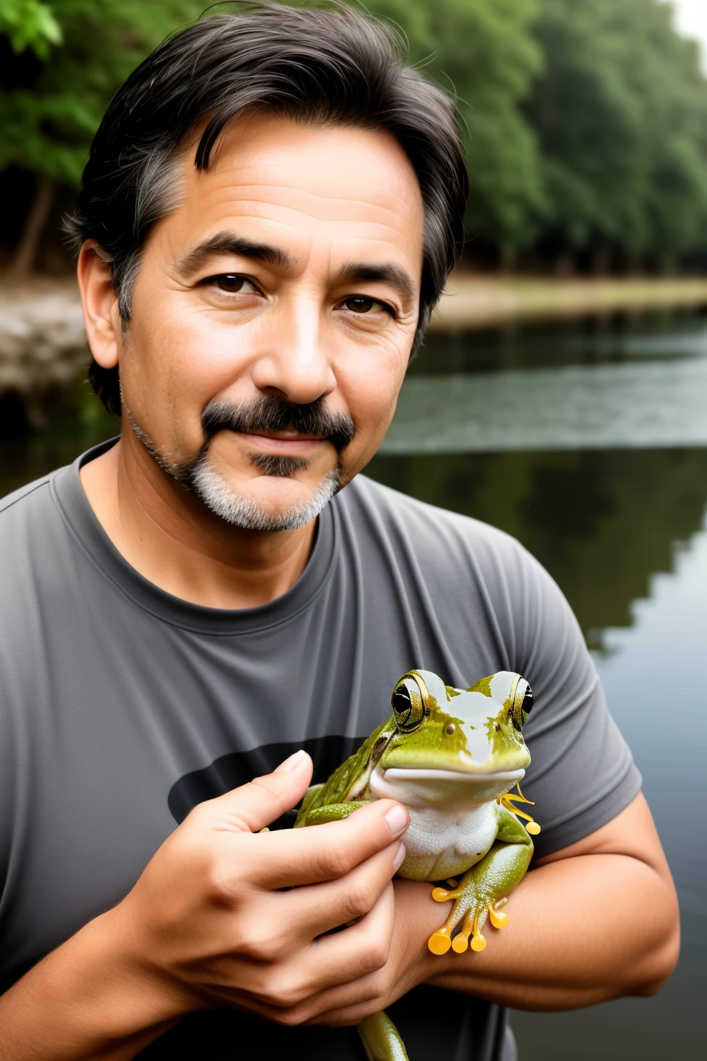 A 50 year old guy with a gentle face and dark eyes is posing for a photo with a frog, looking into the lens, the riverbank backdrop, the image is surreal and clear.