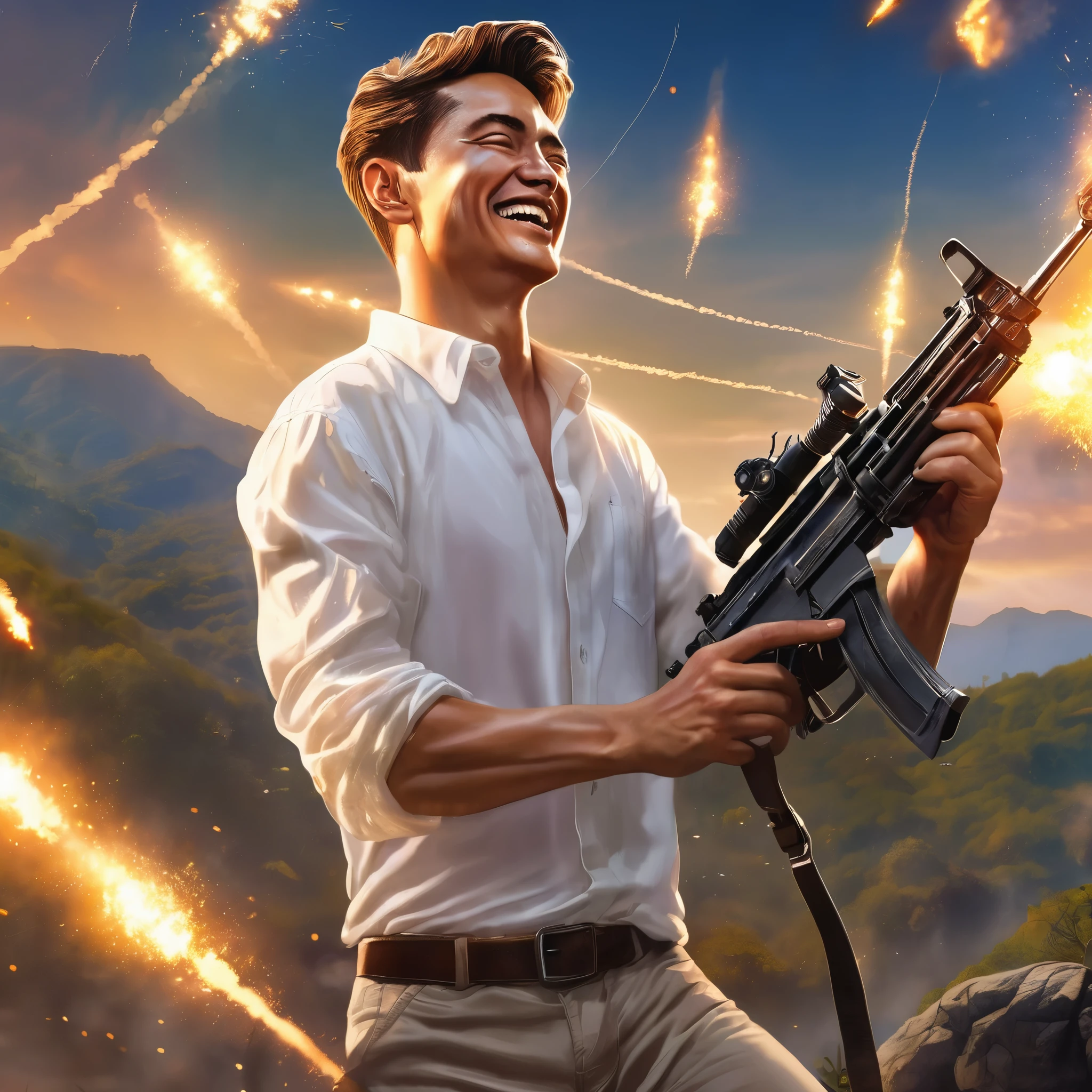 Realistic、Hollywood movie style、A young man in a white shirt is firing a machine gun、Countless bullets are drawing lines of light in the air、Crazy smile、The background is the wilderness