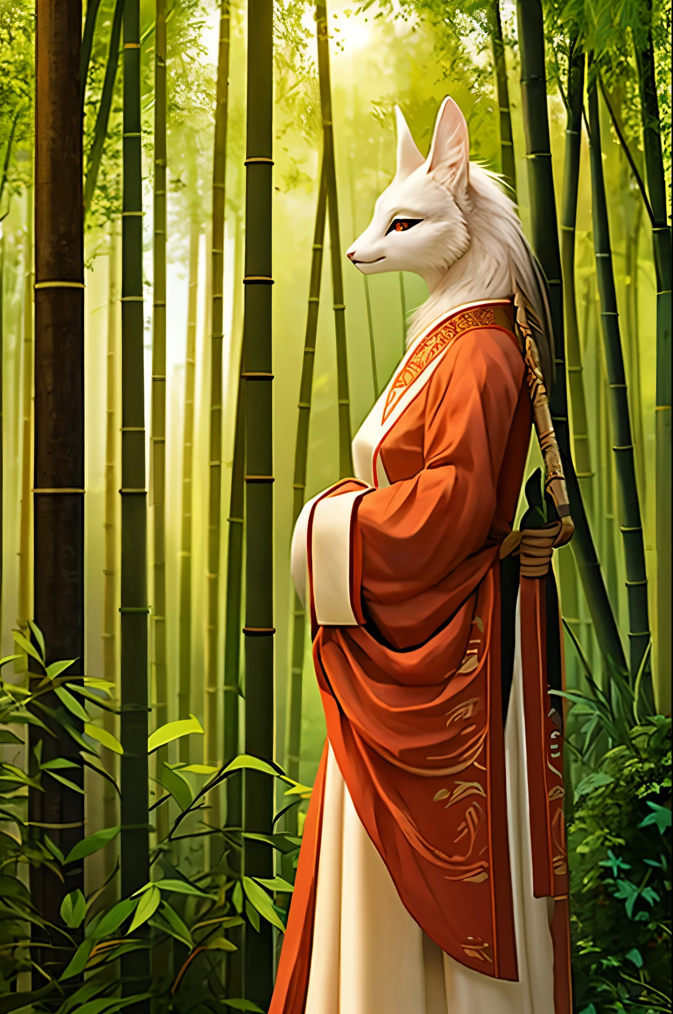 /I A woman in Hanfu stands among the bamboo groves, her silhouette illuminated by golden light. The scene is rendered with a minimalist aesthetic and an ethereal glow, creating a dreamlike atmosphere. This artwork captures the essence of ancient Chinese culture through its elegant composition and soft tones. It embodies simplicity and tranquility, showcasing traditional aesthetics within a modern context. The woman is dressed in traditional , with the artwork rendered in the style of minimalism and tranquility. --ar 2:3 --v 6.1 --stylize 950 --q 2