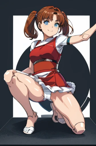 android, beautiful robot, short pigtails, brown hair, Hair tie with two big red clothespins, big smile, brown hair, middle age, joint seam, blue eyes, full body figure, Height: 160cm, Light beige micro mini one-piece dress, fluttering skirt, skirt folds, white retro swimwear, Uplifting, 2020s anime style, 21thcentury japan animation, show White pantie, strong wind is blowing.