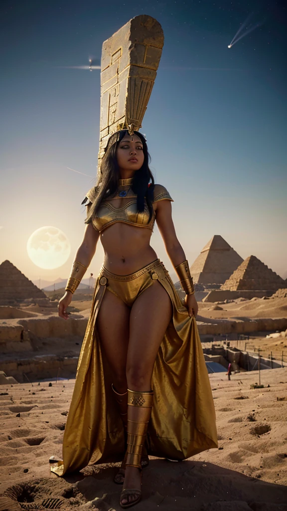 A captivating, fantastical reimagining of Cleopatra, adorned in ancient Egyptian attire, stands atop a pyramid under the golden glow of the setting sun. In the distance, the pyramid's construction unfolds, with workers and chariots in motion. Simultaneously, a spacecraft descends from the sky, landing on the moon's surface, marking the moon landing. The hyper-realistic rendering, in 16k resolution, showcases a mesmerizing blend of history and futurism, with Cleopatra witnessing both monumental events.