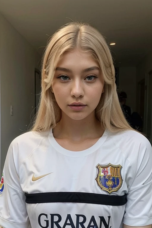 Gigi Hadid white hair, FC Barcelone jersey