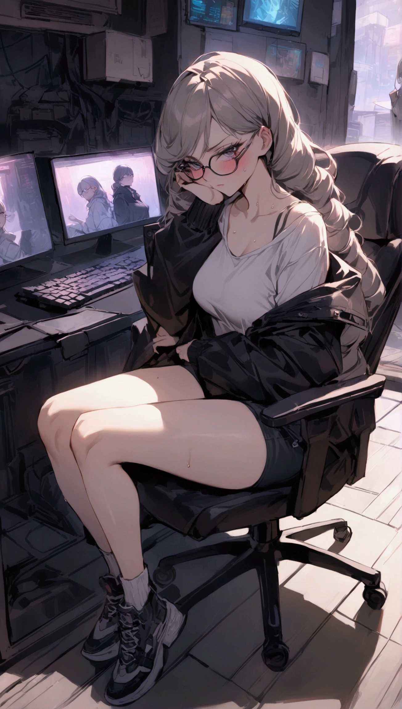 Dynamic composition,dutch angle,full body,Focus on legs,{{masterpiece}}, {{{Highest quality}}},{{Very detailed}},cyberpunk,1girl,30years old,{Mature Woman}},otaku obsessed with fighting geeks,,{{Sit on a chair and take a rest}},Shorts,Short socks,glasses,long-sleeved shirt,,clavicle,,{{v-shaped eyebrows}},Bad mood,blush,Sweat,raise one's eyebrows ,{{View your viewers}}、long hair, ,indoor、Computer Room