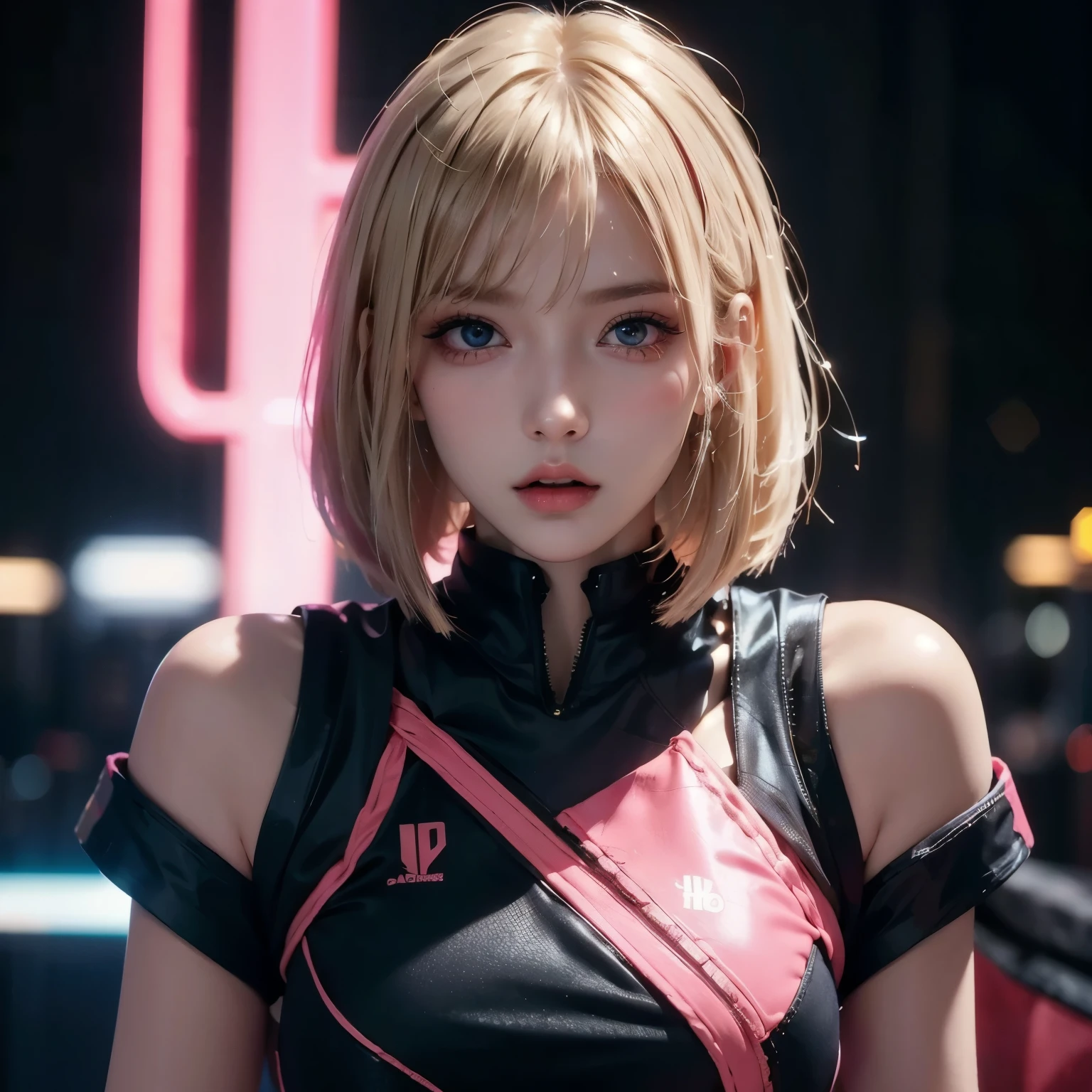 1 girl, pink neon ,android, 女性android , cyberpunk, club,dim lighting, neon signs,FC Portrait, neon,cyberpunk, futuristic ,short british girl, straight blonde hair, no bang, bob cut, blue eyes, 15 years, young, pale skin, slim body, , , ultra high resolution, uhd, (realistic:1.4), doll-like face, futuristic鎧,