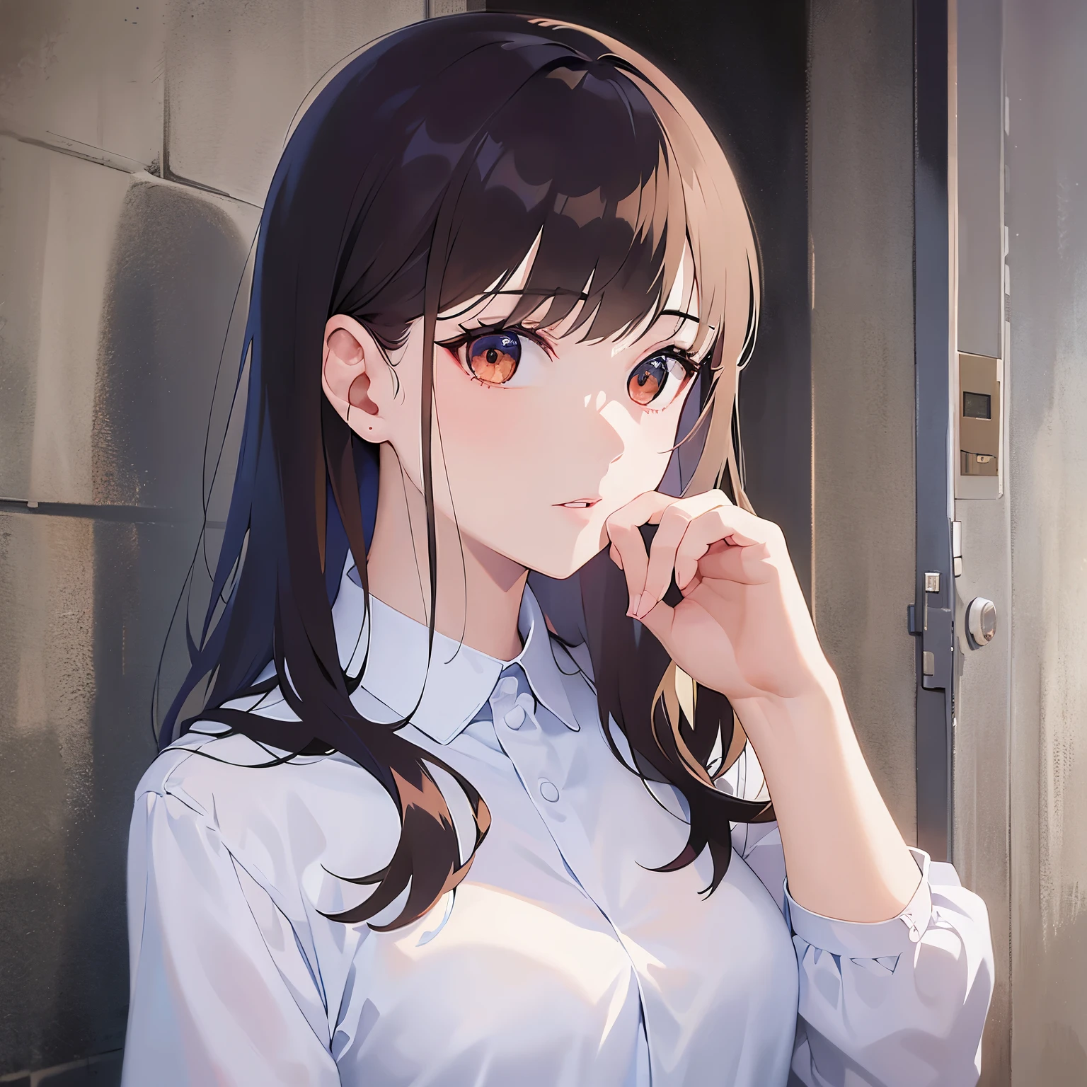(looking away:1.5),Upper Body,Hands on ears、
Realistic, real person, (pale skin: 1.2), RAW photo, photorealistic, shiny skin, shiny hair、
(A 25-year-old woman with medium-length hair and bangs) and (wavy hair) and (brown hair) and (orange eyes) 、
nervous,Are standing、White long sleeve dress with collar、The background is the entrance