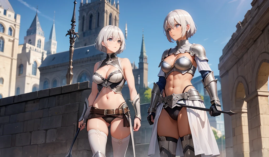 Adult woman with white short hair, gray eyes and dark skin,cleavage,muscle,Abdominal muscles,slim figure,Silver Iron Breastplate,helmet,Scapula,briefs,Iron skirt,thigh,spear,Shield,medieval city wall