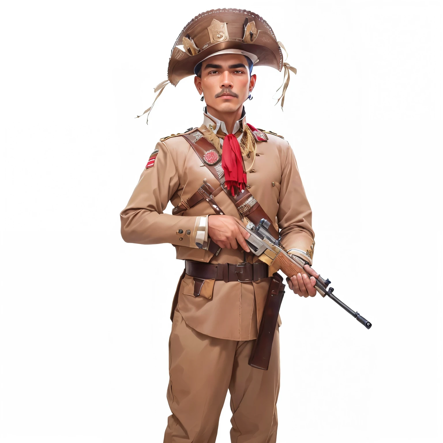 sharp man in costume with a gun and a hat, high quality theatre costume, scout boy, authentic costume, custom, high quality costume, 19th century military clothing, 1 8 0 0 s soldier, Traditional Attire, tai custom, soldier clothes, vestindo authentic costume, full costume, traditional clothes, mexican warrior, soldier clothing, dressed as a western sheriff