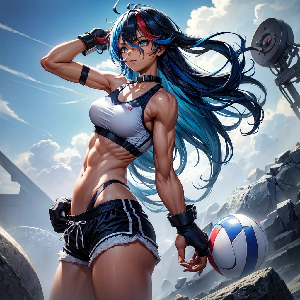 Sports bra, shorts, long blue hair, dark skin, 