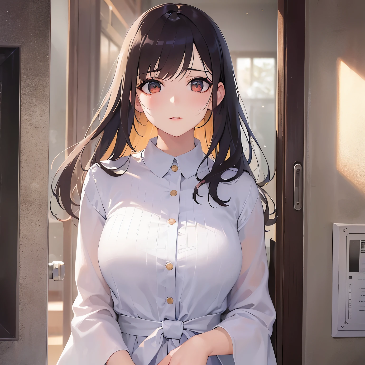 （looking away:1.5）,Upper Body,Hands on ears、
 Realistic, real person, (pale skin: 1.2), RAW photo, photorealistic, shiny skin, shiny hair、
(A 25-year-old woman with medium-length hair and bangs) and (wavy hair) and (brown hair) and (orange eyes) 、
nervous,Are standing、White long sleeve dress with collar、The background is inside the entrance