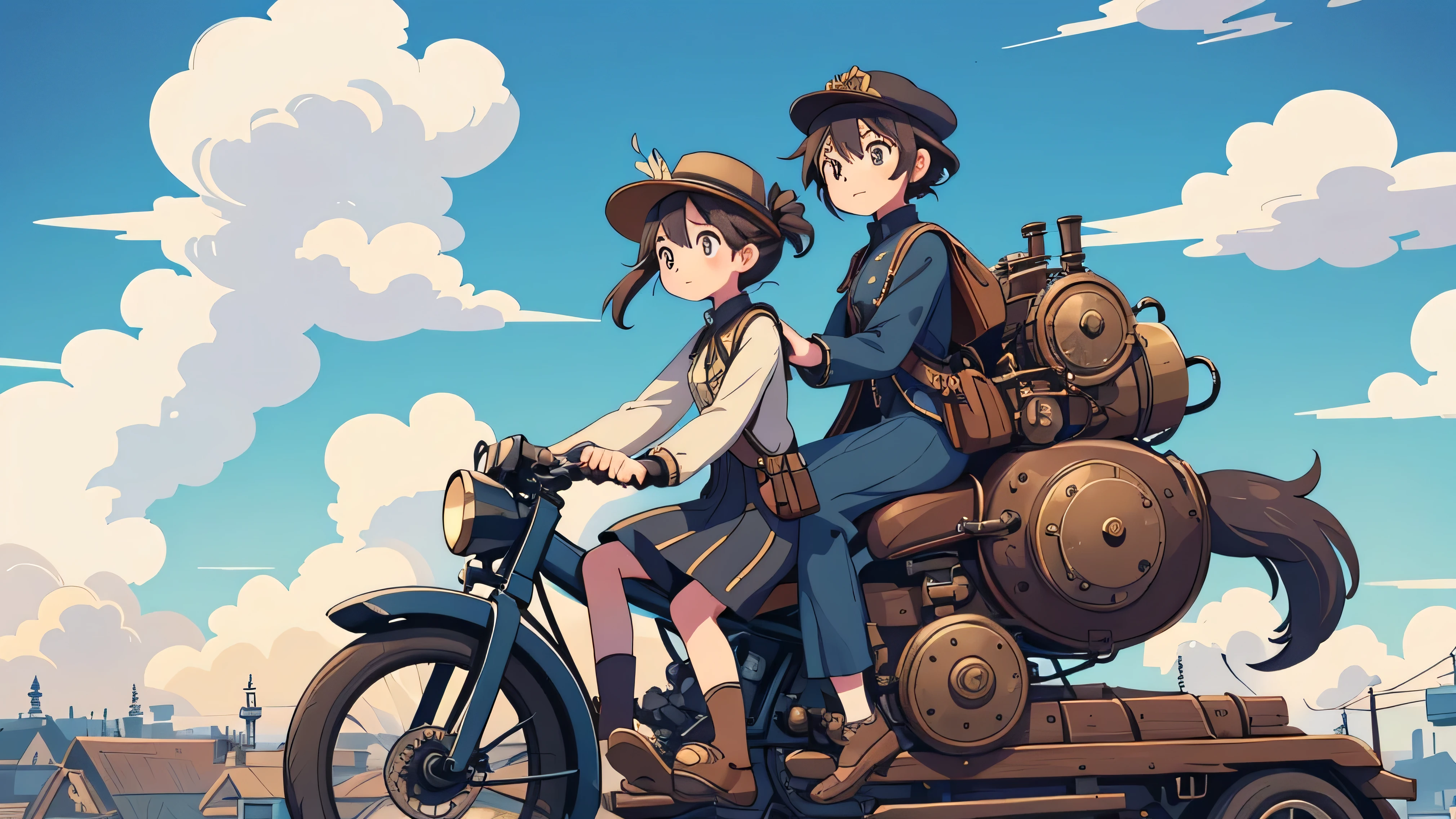 Steampunk。One Girl。Steampunk風の女子高生。Classic bike ride。Ride through a Victorian town。Dynamic Angle。Blue sky and white clouds in the background。