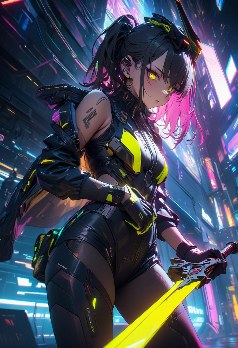 masterpiece, 8k, best quality, highly detailed, futuristic, high tech, cyberpunk, dual black & yellow cyberpunk style daggers