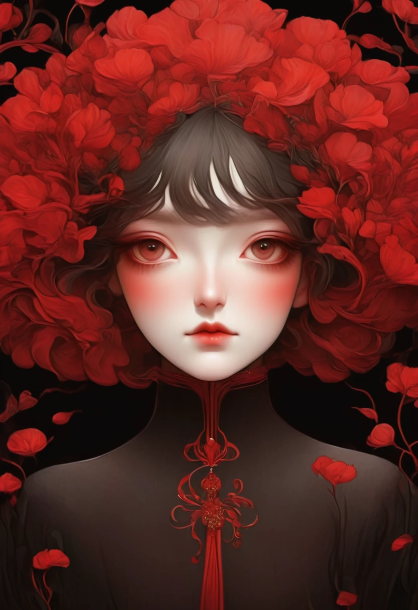 (masterpiece, best quality:1.2), 1 girl, alone,beautiful face，Red Reminimalist Art Nouveau，illustration style，black and red