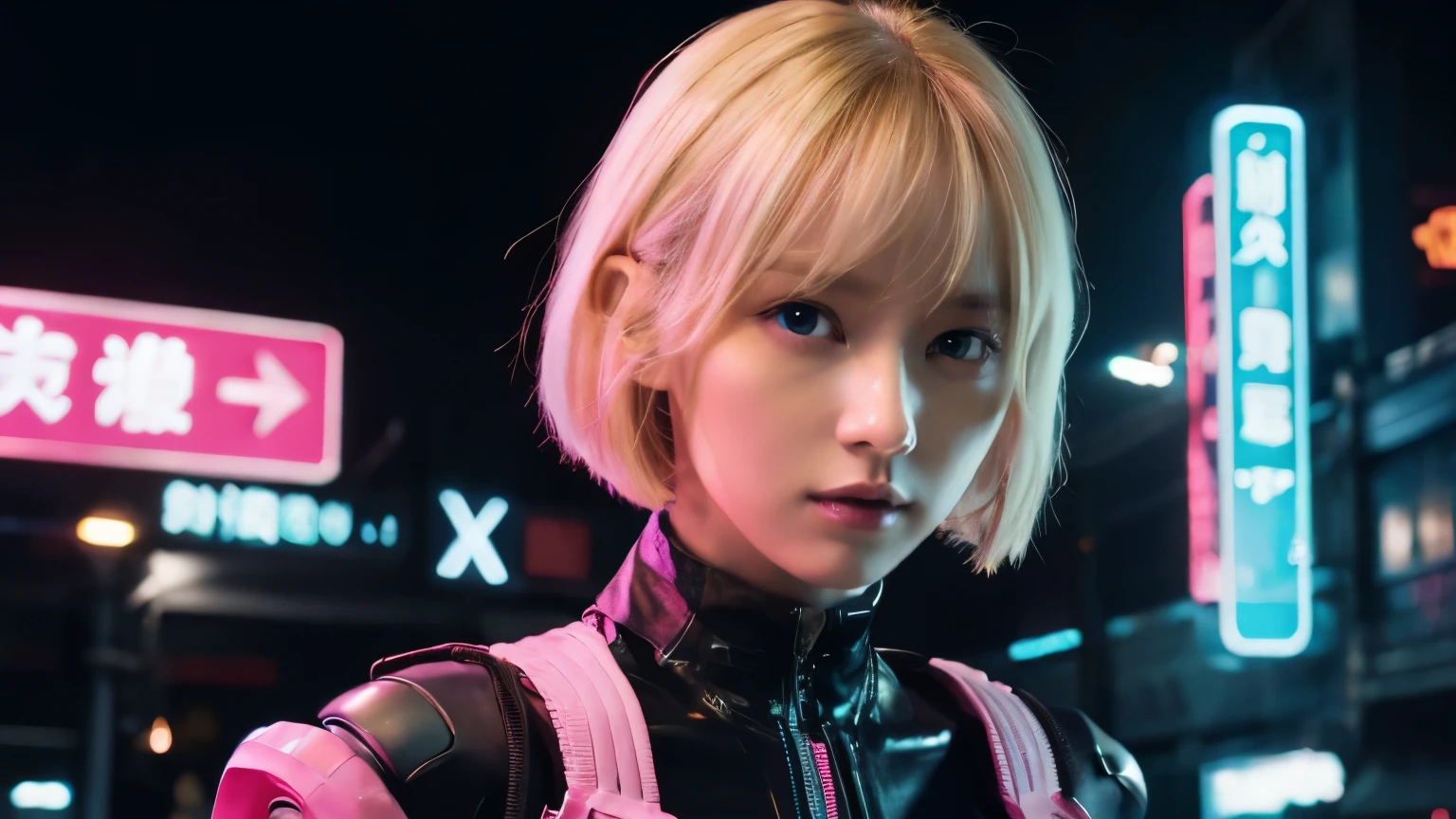 1 girl, pink neon ,android, 女性android , cyberpunk, club,dim lighting, neon signs,FC Portrait, neon,cyberpunk, futuristic ,short british girl, straight blonde hair, no bang, bob cut, blue eyes, 15 years, young, pale skin, slim body, , , ultra high resolution, uhd, (realistic:1.4), doll-like face, futuristic鎧,