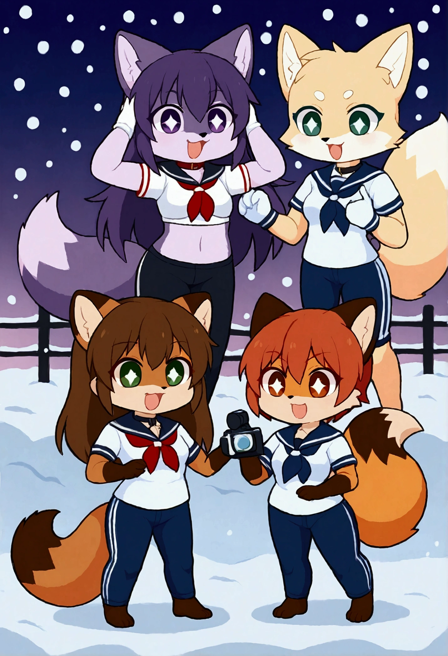 3girls, fox and tanuki, furry, bodyfur, tail, collar, sailor suit, short sleeves, jersey pants, long pants, white gloves, snow gloves, barefeet, chibi, sparkling eyes, full body, snow, camera, idol, singing, dancing