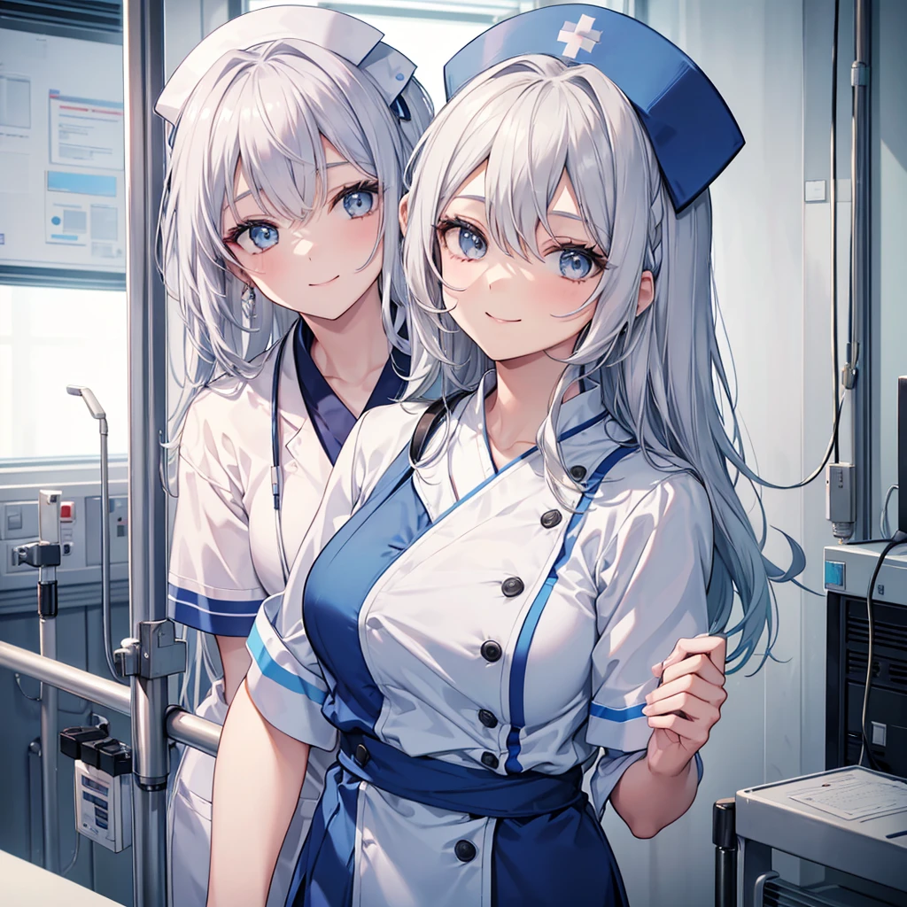 nursing aide,one girl,blue or white scrubs,not wearing a hat or cap,Facing forward,smile,silver hair, A nurse aide without a nurse cap, nothing on her head ,standing in a hospital setting, smiling, and attending to a patient.