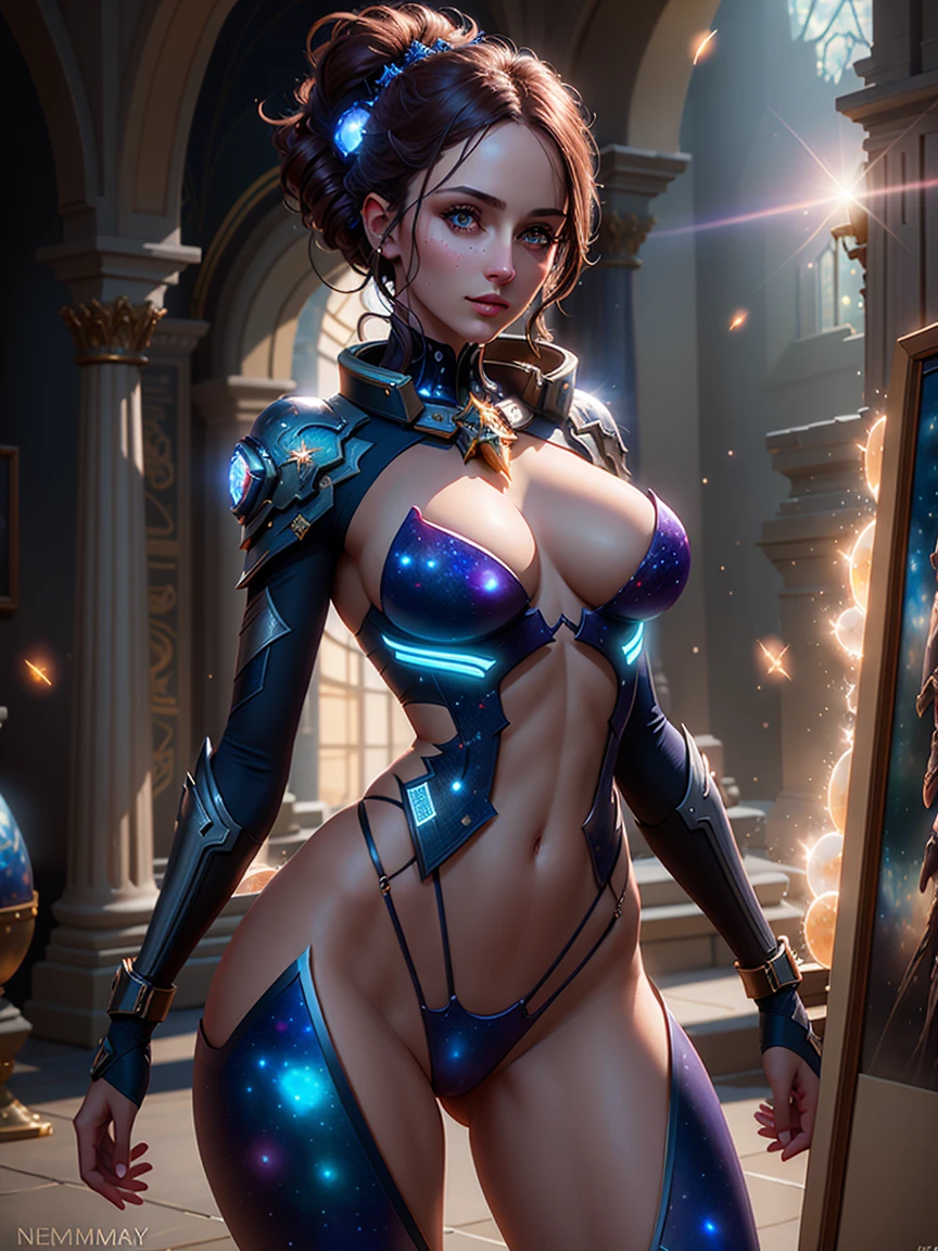 Highly detailed RAW color photo, beautiful young, dynamic pose, (Broad Hips), (skin detailed), (detailed lips), showing bare private parts, (detailedeyes), (Cosmic:1.4), (necropolis:1.1), (science fiction scenario) (face detailed), (curved), detailedeyes, Chromatic aberration, Depth of field, iluminação Soft, work of art, best qualityer, intrikate, (Lens flare:0.7), (blossom:0.7), particle effects, ray tracing, tone mapped, highy detailed, conceptual artwork, Soft, sharp focus, dramatic lighting, highy detailed artwork, cinematic, hyper realisitic painting, trends on ArtStation, 8k, amazing shadows, realisitic, (highy detailed background:1.2), mid-journey art, seminua, exaggerated neckline, very low-cut