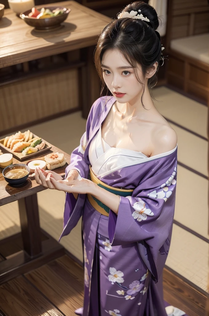 (((best quality))),(((ultra detailed))),(((masterpiece))),illustration,((1 beautiful Japannese girl,solo)),(neat bun:1.2),((slim,thin)),((small breasts,flat chest)),(in izakaya:1.3),(summer:1.2),(rainy:1.3),(indoor:1.2),(night scene:1.3),(wet:1.3),(collar:1.2),(purple floral kimono:1.3),(hakama:1.2),porcelain skin,(slender legs:1.2),(loafers:1.2),rouge,dimly lit,warm glow,ethereal,(standing:1.3),sake bottle,half-empty glass,tray,grilled fish,steamed vegetables,half-eaten,melancholic smile,storm,solitude,enigmatic aura,tranquility,chaos,simplicity,mysterious,captivating,((from front,full body))