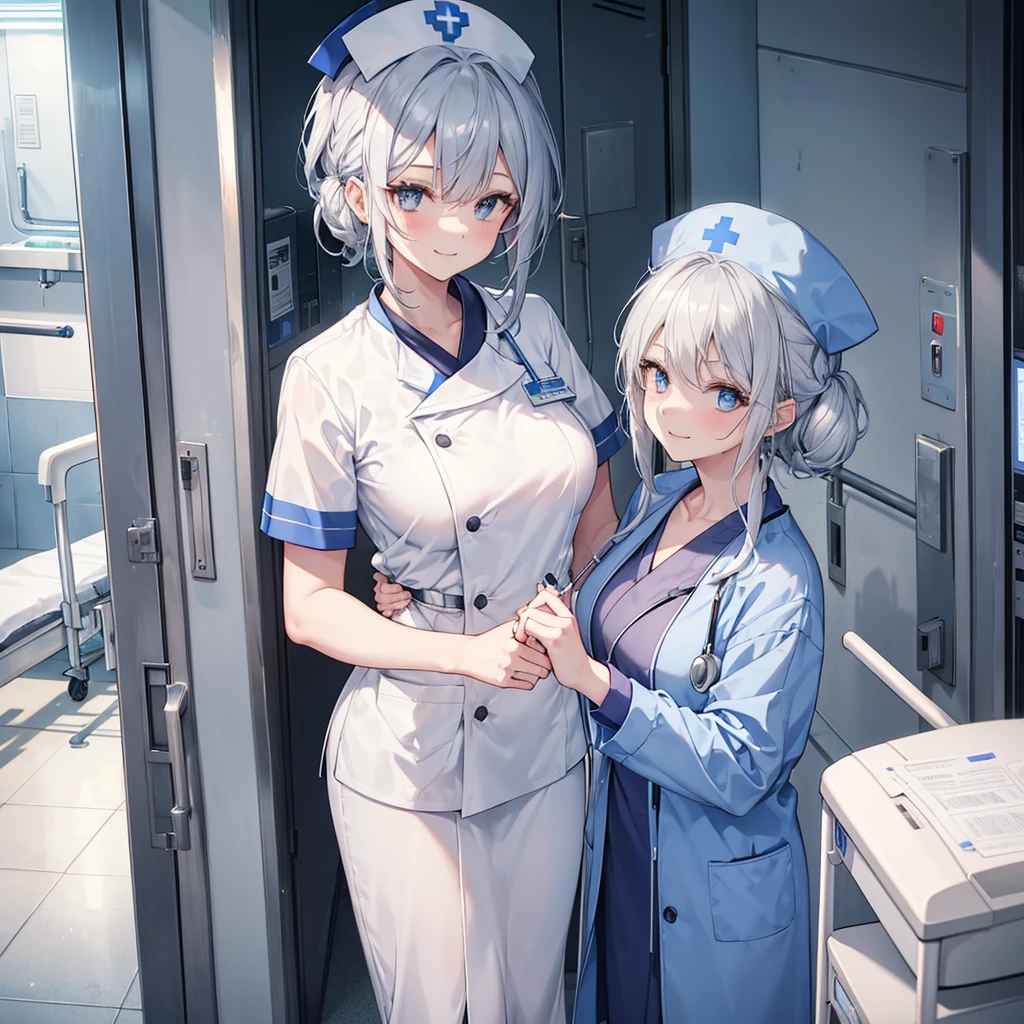 nursing aide,one girl,blue or white scrubs,not wearing a hat or cap,Facing forward,smile,silver hair, A nurse aide without a nurse cap, nothing on her head ,standing in a hospital setting, smiling, and attending to a patient.