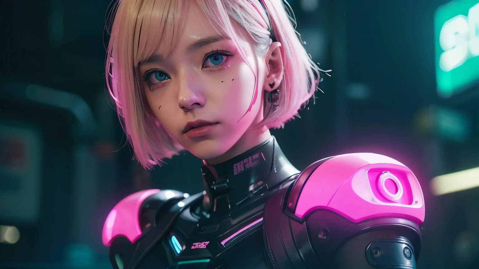 1 girl, pink neon ,robot, female cyborg , cyberpunk, club,dim lighting, neon signs,FC Portrait, neon,cyberpunk, futuristic ,short british girl, straight blonde hair, no bang, bob cut, blue eyes,  years, young, pale skin, slim body, , , ultra high resolution, uhd, (realistic:1.4), doll-like face, futuristic鎧,