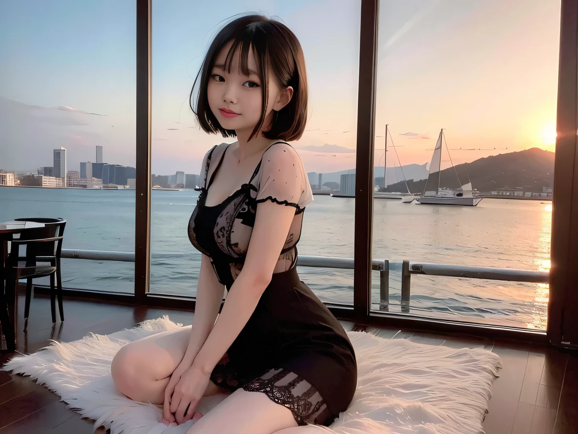 (Highest quality, masterpiece, Ultra-high resolution, 8k, RAW Photos, Realistic, Anatomically correct:1.5), 20-year-old girl:1.2, Embarrassing, avert your eyes, blush:1.0, View Viewer, ((bar)) 、Large windows、Night view、 Light:1.2, Bokeh, Cinema Lighting:1.0, Depth of written boundary, sharp、 Cute Face、Idol、(Black short sleeve lace top)、(Black tulle skirt)、Shiny clothes、”dwarf”、(Floral clothes)、(Full Body Shot)、Side angle、Cowboy Shot、( smile)、((Ultra short hair、Berry Short))、(Straight bangs)、((See-through))、(( One Girl))、Waist、I can see your thighs、Shot from behind、
