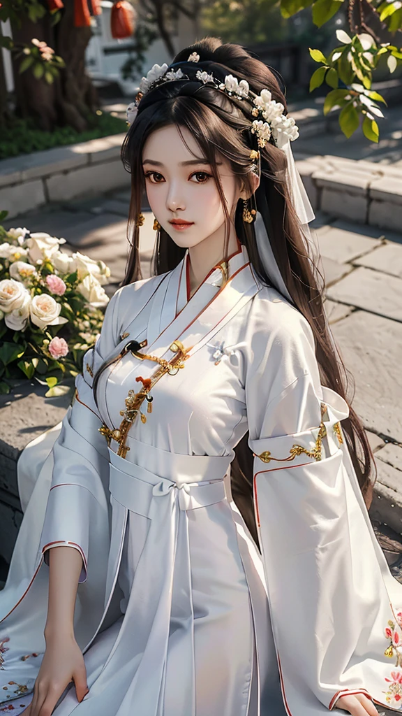 18 year old model, (big breasts:1.2), (shirt collar:1.2), marry , perfect iris, perfect lips, perfect teeth, Perfect beautiful skin, Long face, Slender nose, The headlights are weak., HDR, girl, white clothes, His hair is grayish white, very long and straight., (Traditional Chinese Hanfu, long hair and long shawl.: 1.5), Long hair like a waterfall, outside background.,Chinese Palace Background ,(pastel colors:1.2),((big flower hair accessory)), (A loaf of black bread on the head.: 1.3),(large flower crown: 1.3)