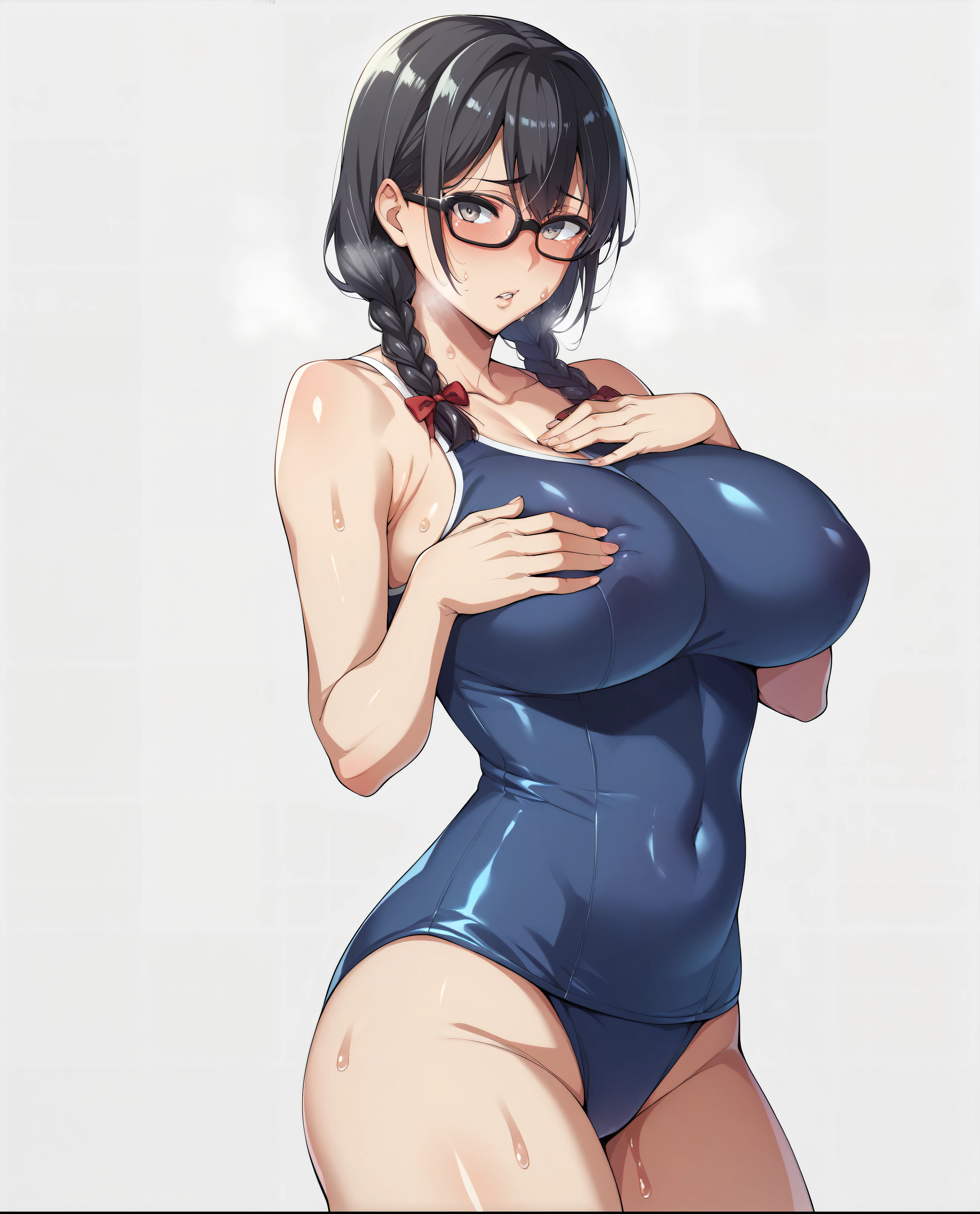 Ultra-detailed illustrations、Ultra-precise expression、masterpiece、Highest quality、ultra High resolution、High resolution、Hiromitsu Takeda Style、White background、Simple Background、Young、One girl、10th Generation、solo、Black Hair、Drooping eyes、Black glasses、Two short braids、Grey Eyes、Big Breasts、White Breath、Sweat、School Swimsuit、Red little ribbon、cowboy shot、covering chest by hand、