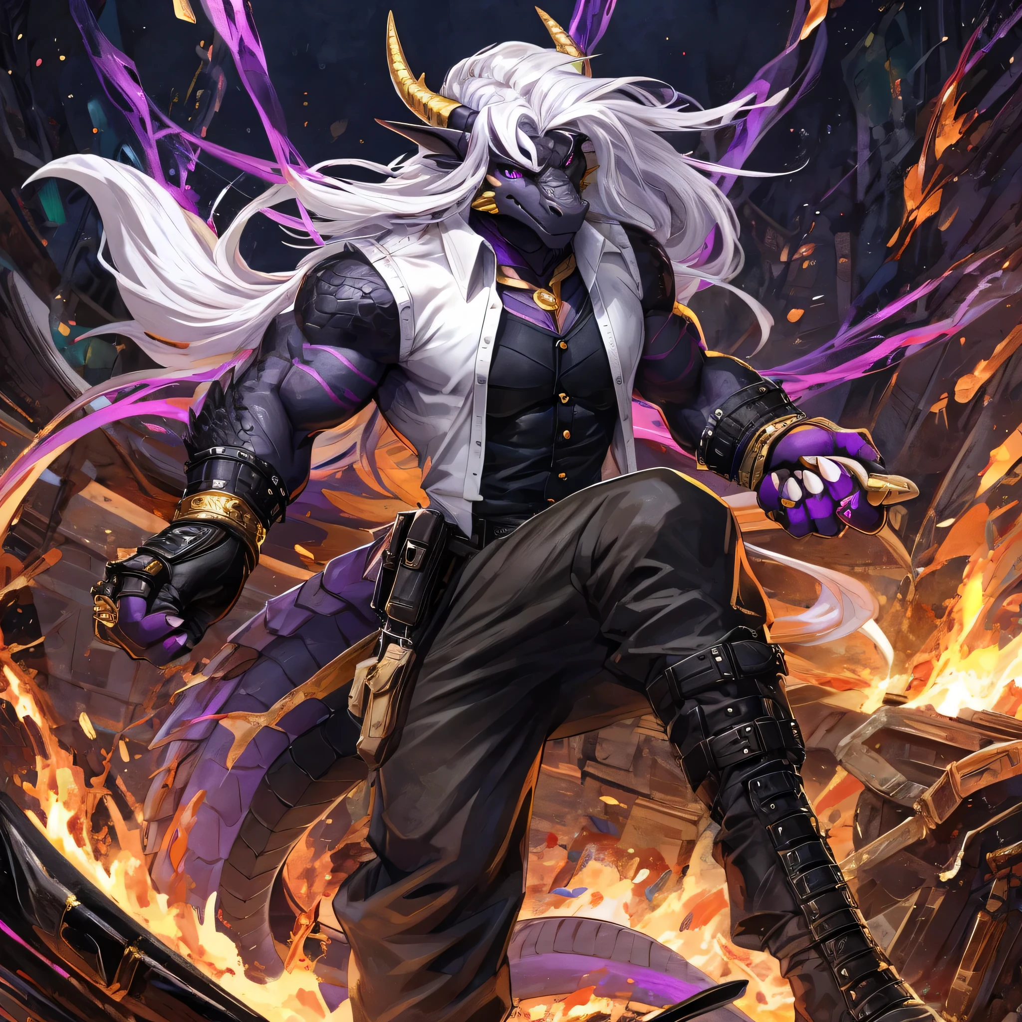 solo, Anthro dragon with black scales and purple plates, muscular body. long white hair. white shirt with rolled-up sleeves, black vest that hugs torso, strict trousers. black fingerless gloves with embedded gold brass knuckles are worn on the wrists. knee-high legs replaced with military prostheses, right eye is covered with black leather straps