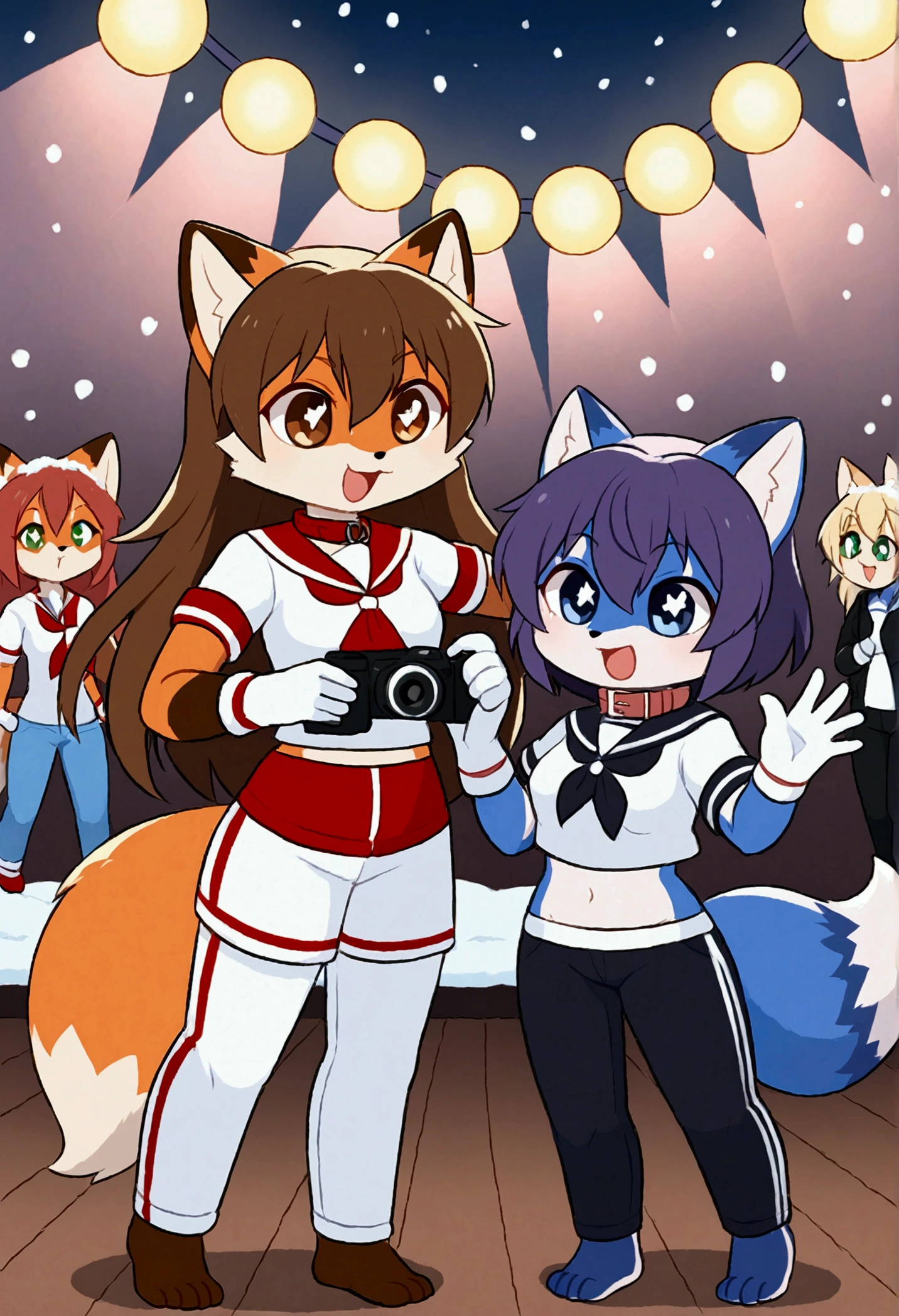 3girls, fox and tanuki, furry, bodyfur, tail, collar, sailor suit, short sleeves, jersey pants, long pants, white gloves, snow gloves, barefeet, chibi, sparkling eyes, full body, snow, camera, idol, singing, dancing