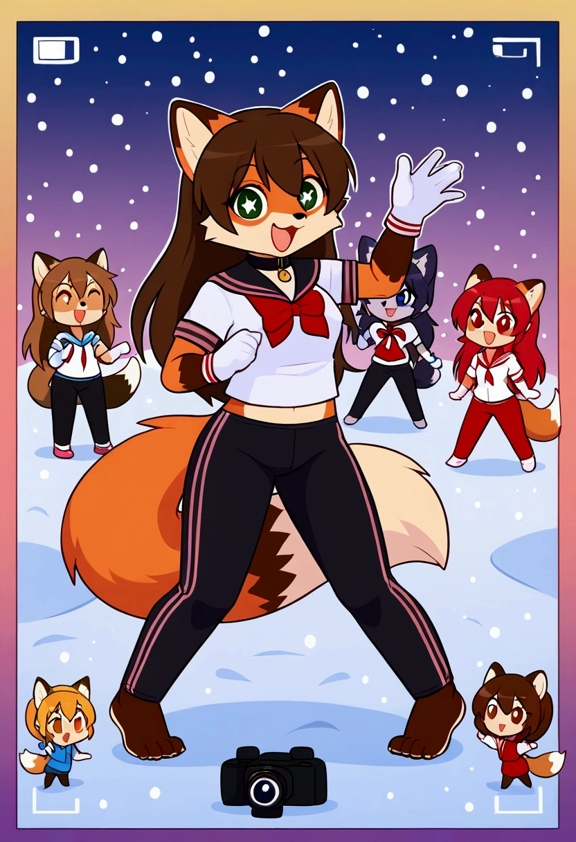 3girls, fox and tanuki, furry, bodyfur, tail, collar, sailor suit, short sleeves, jersey pants, long pants, white gloves, snow gloves, barefeet, chibi, sparkling eyes, full body, snow, camera, idol, singing, dancing