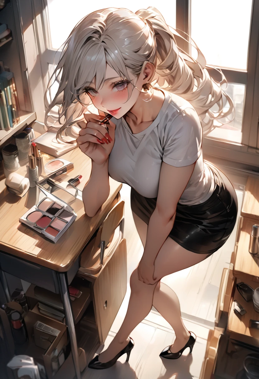 (Masterpiece, best quality, Sharp focus, depth of field, best shadow, perfect fire, HDR, Realistic skin texture, The background is too detailed.), 1 woman, big breasts, white hair, long hair , Ponytail, Silver Eyes,(put on makeup, Put on lipstick), Wear round glasses., in the classroom, Cold expression, smile a little, next to the window, Wear high heels, black short skirt, Slim white T-shirt