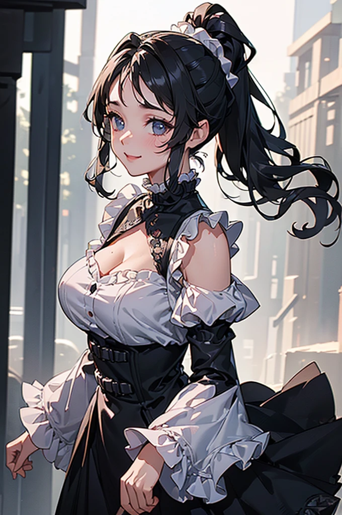 (((beautiful))), (((midi dress, frilled sleeves))), ((Black Hair, ponytail)), One Woman, Large Breasts,, Cleavage, Sweat, Glowing Skin, (((Intricate details))), High resolution, ((Intricate details, Ultra-detailed)), whole body, Are standing, looking at the camera, Red cheeks, smile, smile, Walking the Streets