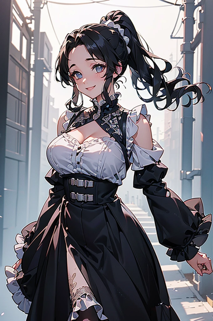 (((beautiful))), (((midi dress, frilled sleeves))), ((Black Hair, ponytail)), One Woman, Large Breasts,, Cleavage, Sweat, Glowing Skin, (((Intricate details))), High resolution, ((Intricate details, Ultra-detailed)), whole body, Are standing, looking at the camera, Red cheeks, smile, smile, Walking the Streets
