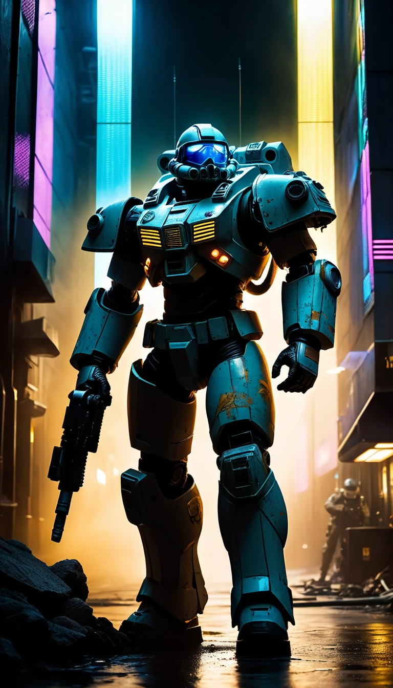 a space marine in a dark sci-fi spaceship, low angle shot, dutch angle, highly detailed, cinematic lighting, dramatic shadows, neon lights, grunge, dystopian, dark, gritty, hyperrealistic, 8k, photo-realistic, master piece, intricate details, hyper-detailed, studio quality