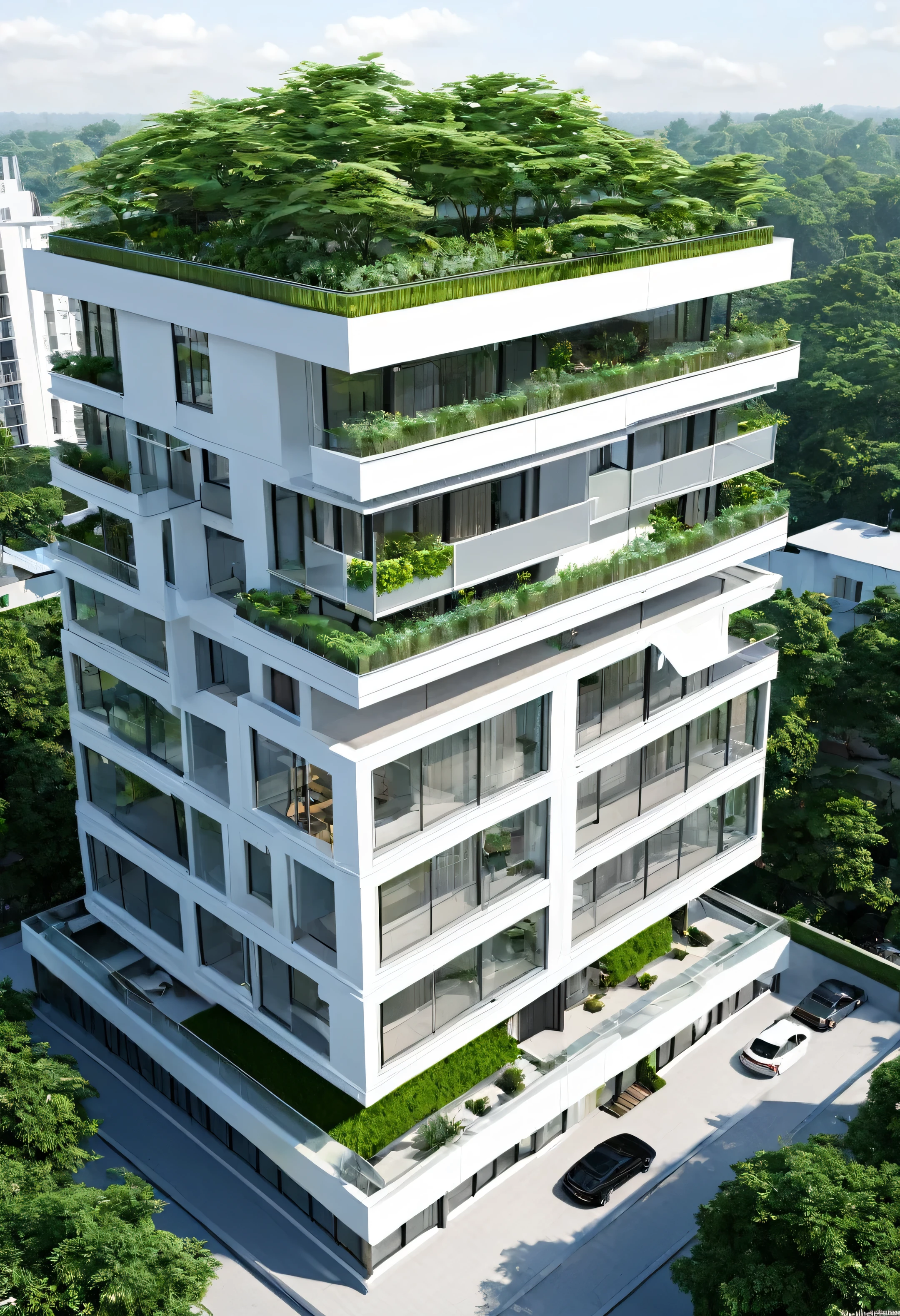 Create a highly detailed 3D rendering of a modern multi-story residential building with the following features based on the provided photo:
Structure:
The building has approximately 10-12 floors with a sleek, modern design.
The facade is dominated by large floor-to-ceiling glass windows, providing a transparent and open look.
Each floor has cantilevered balconies with some featuring greenery and outdoor furniture.
Top Floor:
The top floor includes a spacious terrace with modern outdoor seating areas, greenery, and minimalist decor elements.
The rooftop design integrates planters and natural elements, offering a luxurious and eco-friendly atmosphere.
Architectural Style:
The building showcases a minimalist and contemporary style.
Clean lines and a mix of neutral colors (mainly white and grey) dominate the design.
The exterior combines materials such as glass and concrete for a modern aesthetic.
Surroundings:
The building is situated in an urban environment with nearby greenery.
Trees and plants are integrated into the building design, both on balconies and the rooftop.
Surrounding areas include neighboring buildings and landscaped green spaces.