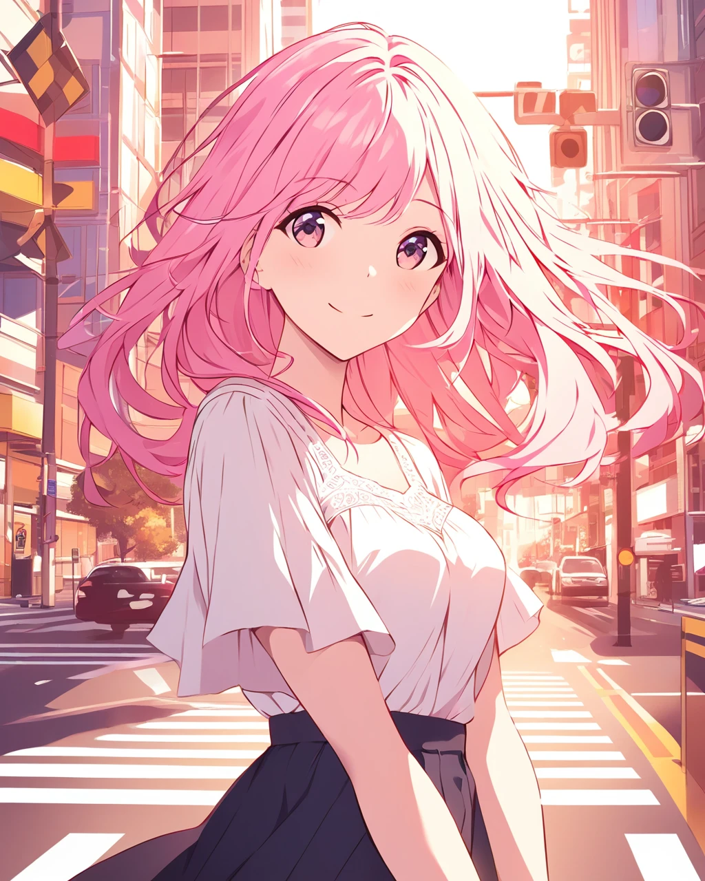 whole body, Upper Body、One beautiful woman, 4k, Warm colors , White blouse、skirt, pedestrian crossing、Signal, 、intersection、Complex background、Medium length pink hair、Detailed Hair、smile