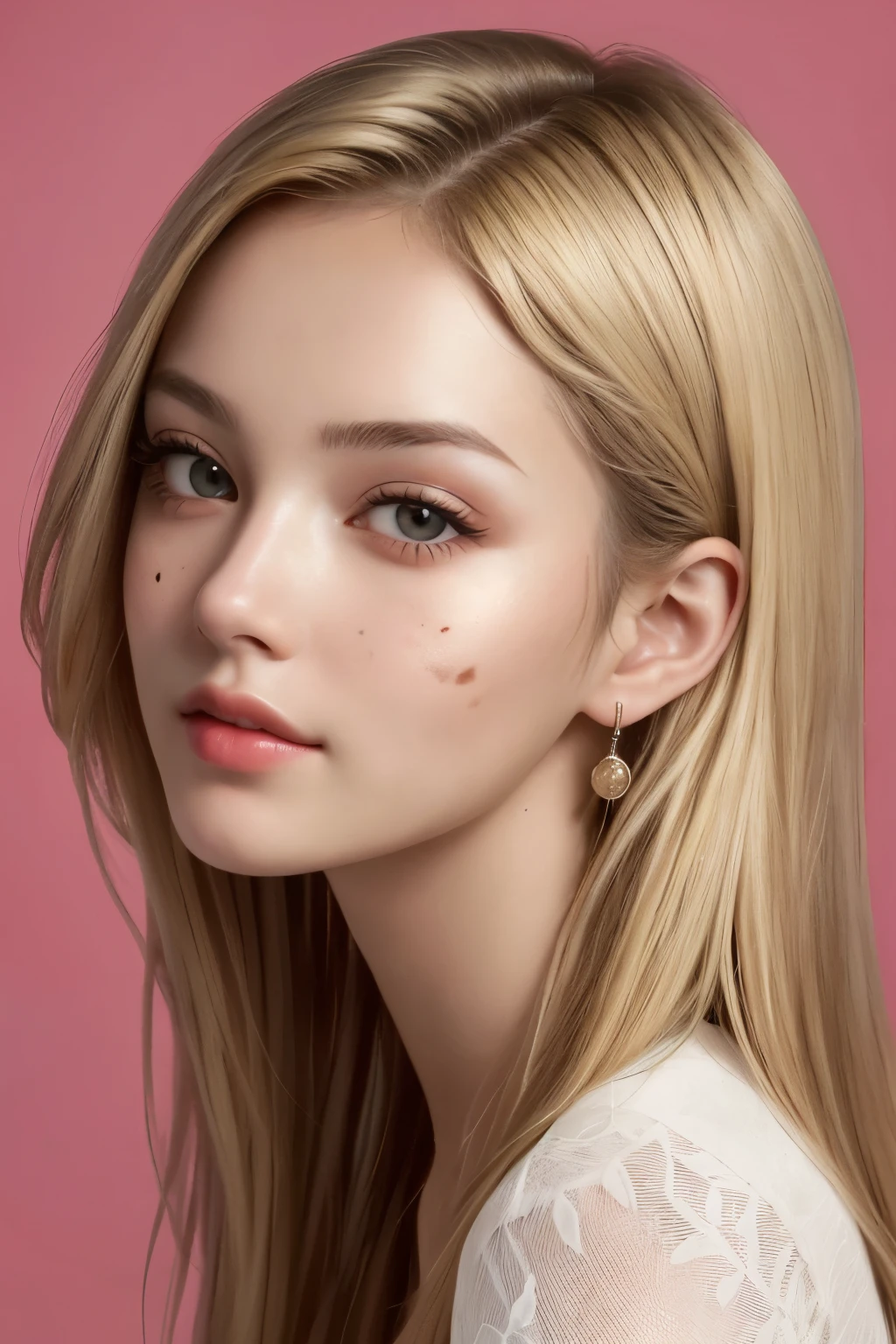 Create a pretty blonde woman with a perfect face and a small birthmark above the right side of her lip.