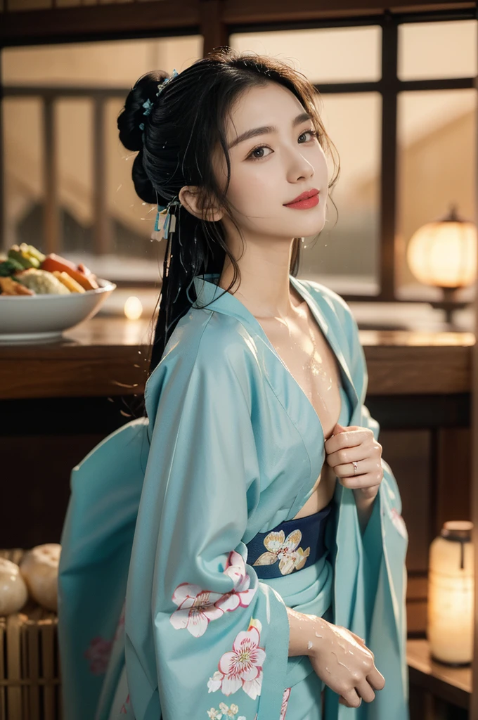 (((best quality))),(((ultra detailed))),(((masterpiece))),illustration,((1 beautiful Japannese girl,solo)),((slim,thin)),((small breasts,flat chest)),(((izakaya,summer,rain,night,indoor))),(blue floral kimono:1.3),neat bun,porcelain skin,rouge,dimly lit,warm glow,ethereal,low table,sake bottle,half-empty glass,tray,grilled fish,steamed vegetables,half-eaten,melancholic smile,storm,solitude,enigmatic aura,tranquility,chaos,simplicity,complexity,emotions,sips sake,face softens,memories,frozen moment,photograph,glance,inner world,mysterious,captivating,(sitting:1.3),((from front,upper body))